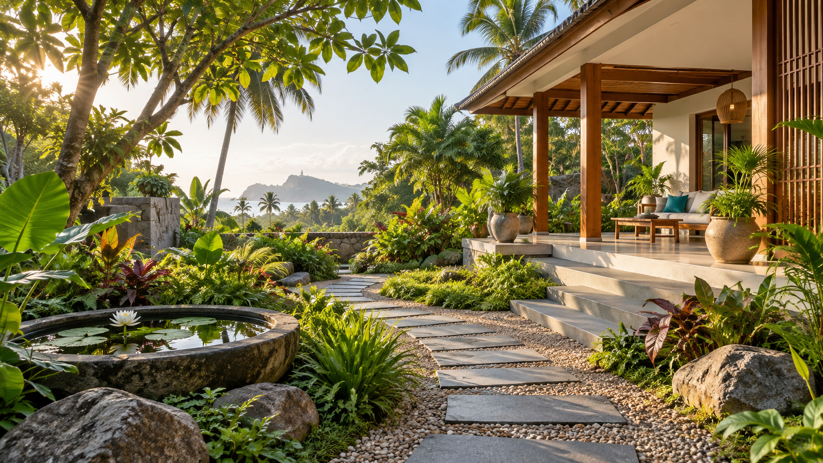 Illustrative tropical garden and wellness setting