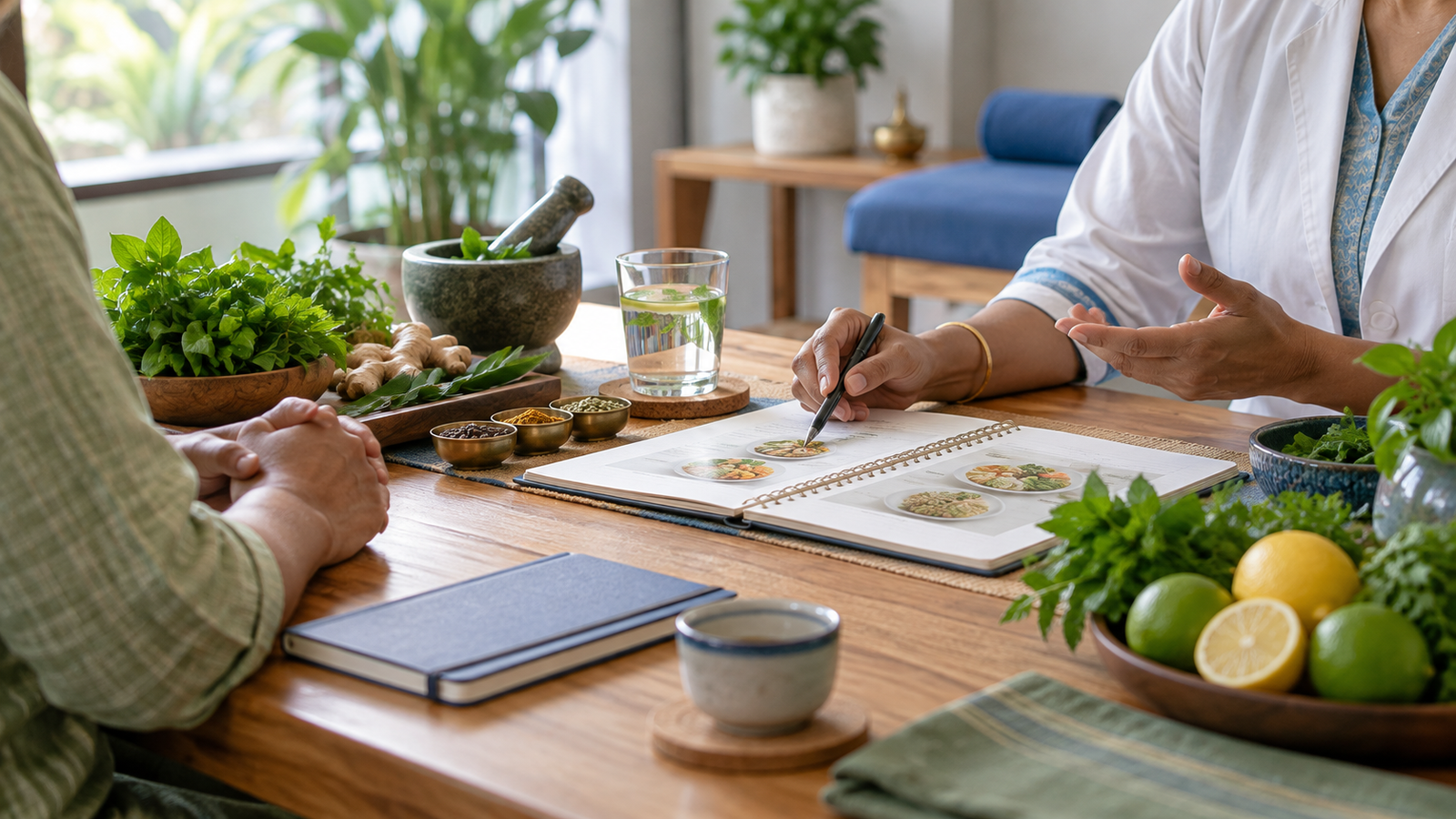 Illustrative nutrition consultation in a calm clinic setting